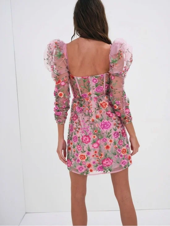 For Love & Lemons Pink Floral Embroidered Puff-Sleeve Mini Dress - Picture 3 of 6